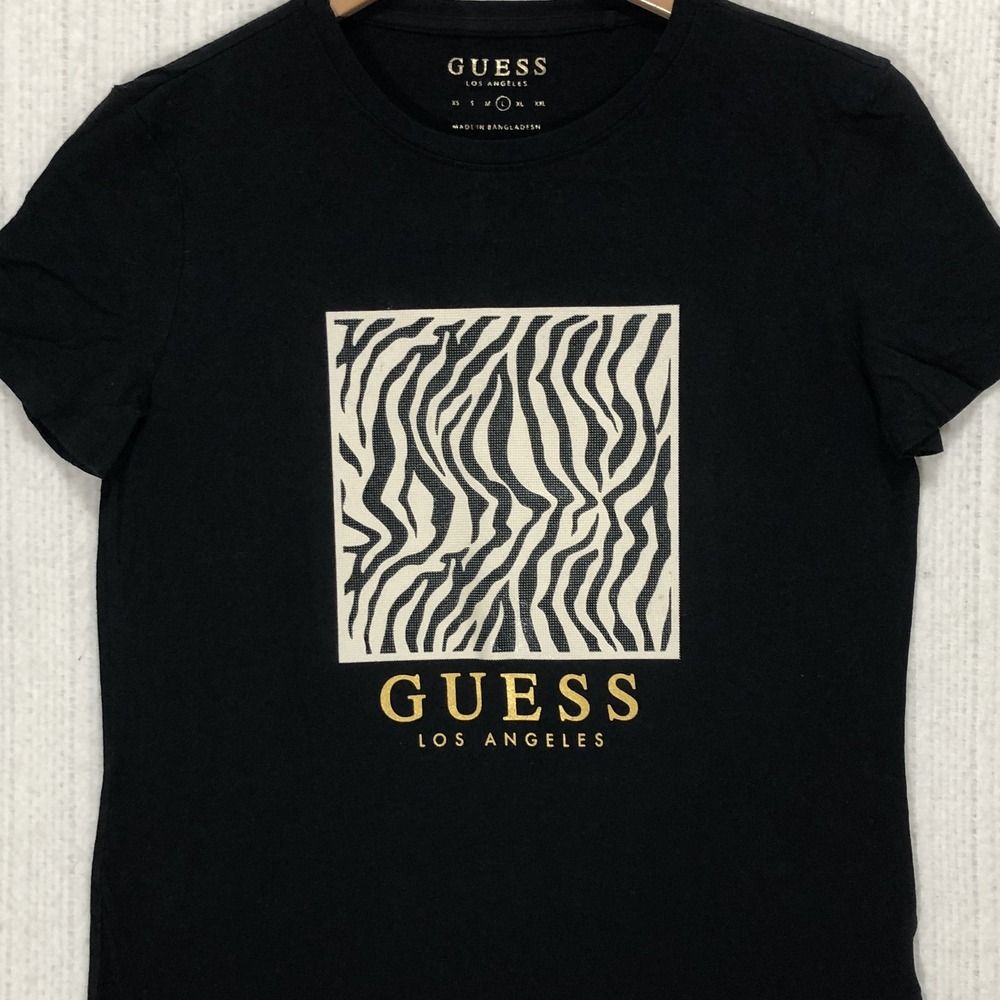 Guess Los Angeles Black Zebra Print Graphic T-Shirt Womens Large Short Sleeve